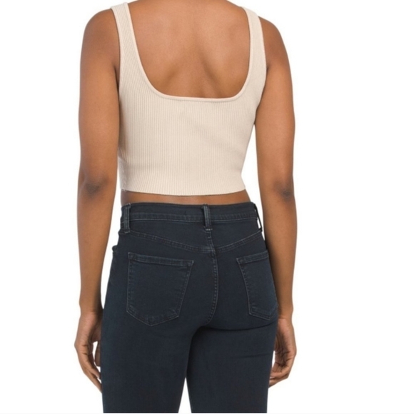 NWT HOUSE OF HARLOW 1960 sand Square Neck Crop Compression Knit Top TAN - Picture 2 of 2